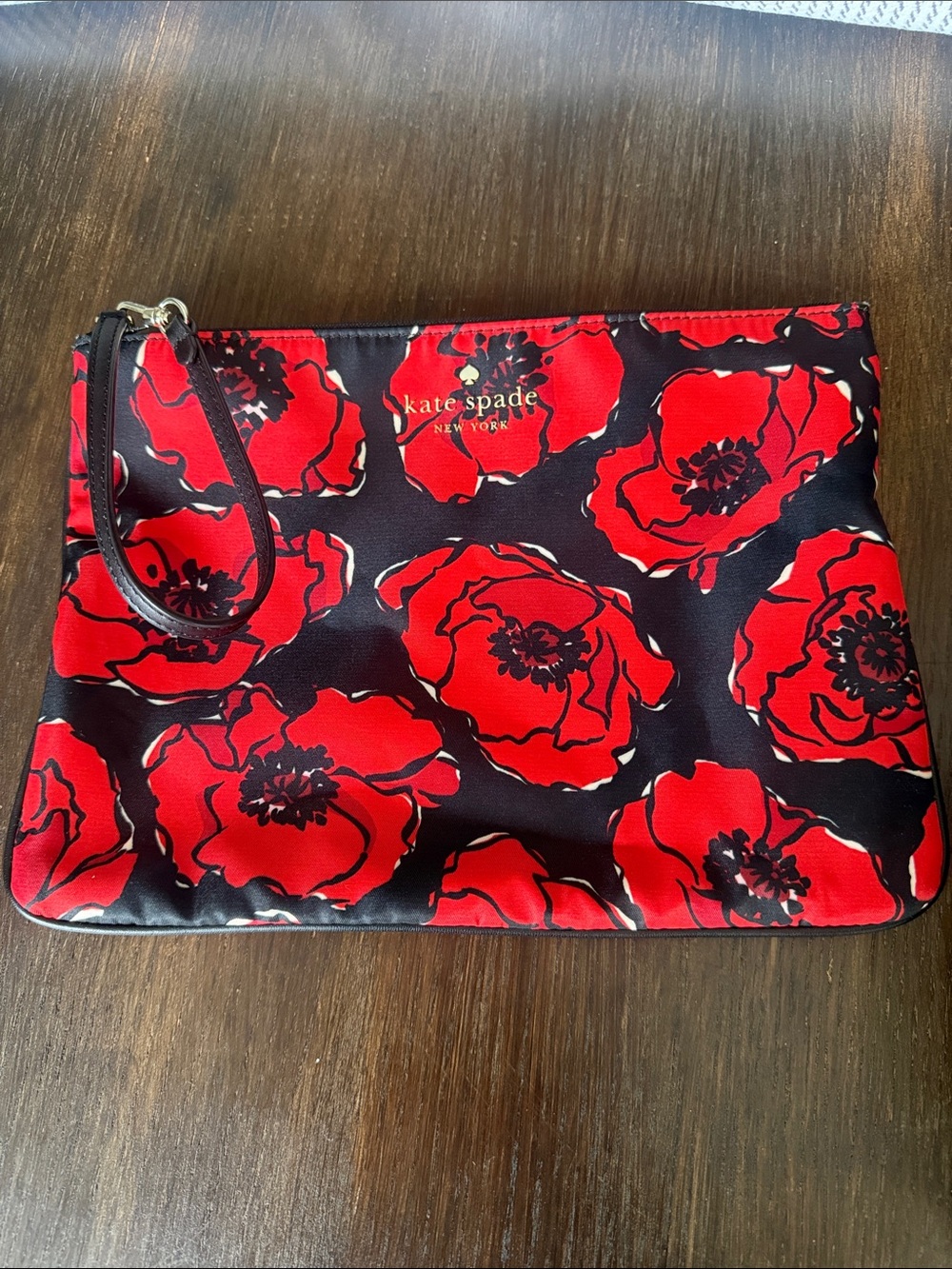 kate spade Black Wristlet Clutch with Red Floral Print